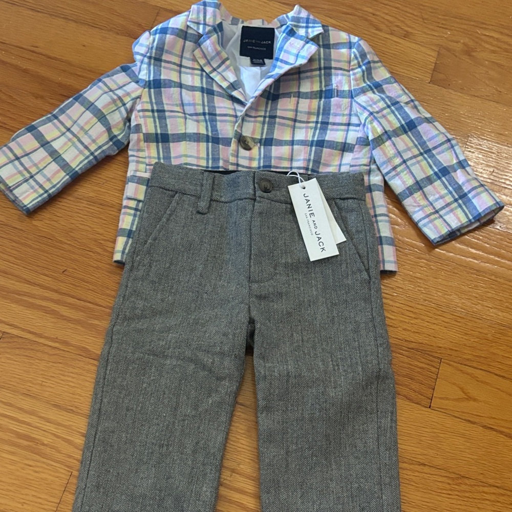 Janie and Jack Multicolor Plaid Blazer with Gray Trousers